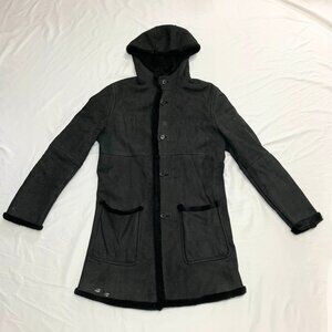 VTG 90s Comme Ça Collection Black Sheepskin Leather Hooded Long Coat Distressed